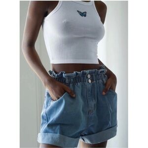 Princess Polly Pale Blue Open Road Denim Paper Bag Shorts Size 4